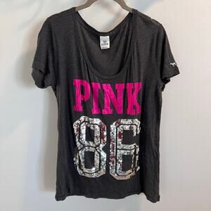 Vtg Pink Victorias Secret Rare Retro Gray Y2k Sequin Bling T-Shirt Size L